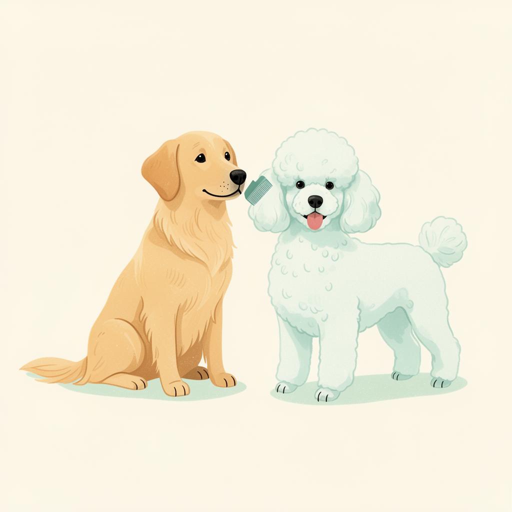 Illustrated golden retriever and poodle being groomed